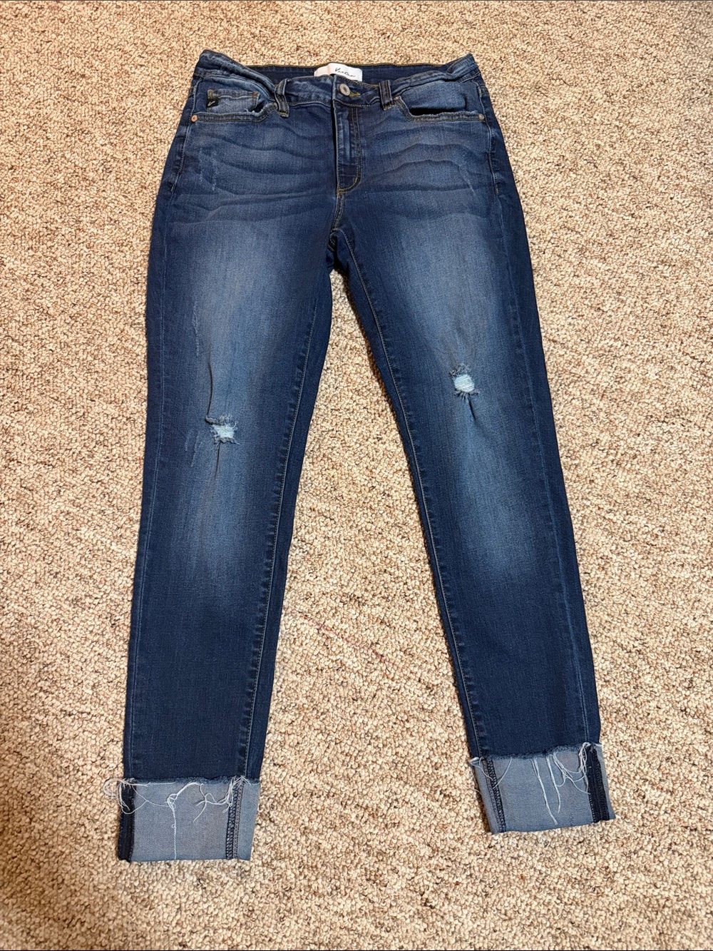 KanCan Dark Blue Cropped Cuffed Jeans with Knees Distress